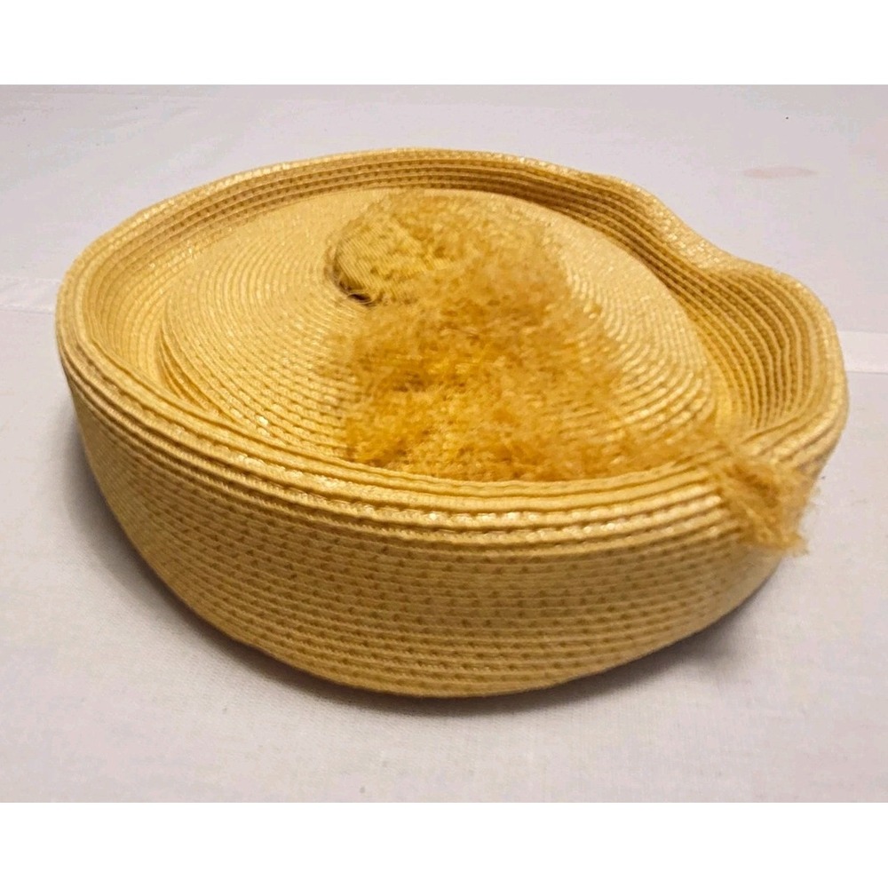 Vintage 1950s 1960s Pillbox Straw Hat Yellow Netting Mid Century Womens Jackie O